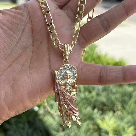 St Jude Thaddeus Pendant Necklace 14K Gold Plated Religious Piece Figaro 18x4mm - Picture 2 of 5